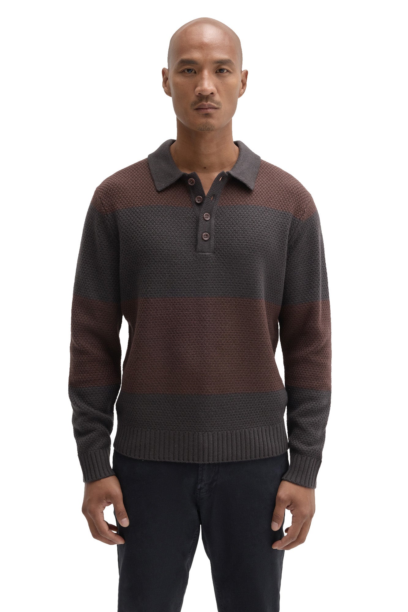 Front view of men's charcoal gray and brown striped long sleeve knit polo with four-button placket by Robert Barakett