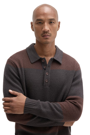 Robert Barakett men's close front view of striped knit long-sleeve polo showing button placket and gray collar
