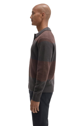 Side view of men's charcoal gray and brown striped long sleeve knit polo with ribbed cuff and hem by Robert Barakett