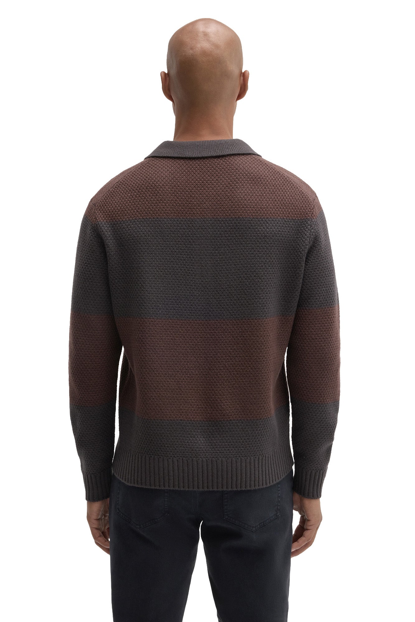 Back view of men's charcoal gray and brown striped long sleeve knit polo with ribbed collar and hem by Robert Barakett