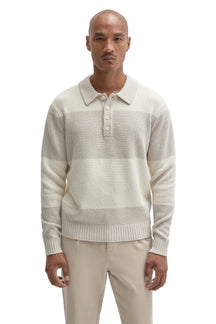 Robert Barakett men's ivory textured long sleeve knit polo with four-button placket and ribbed collar shown from the front