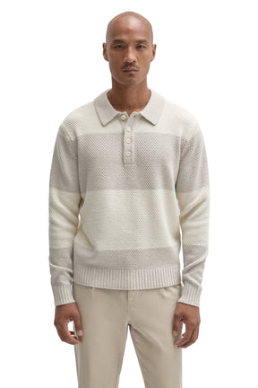 Robert Barakett men's ivory textured long sleeve knit polo with four-button placket and ribbed collar shown from the front