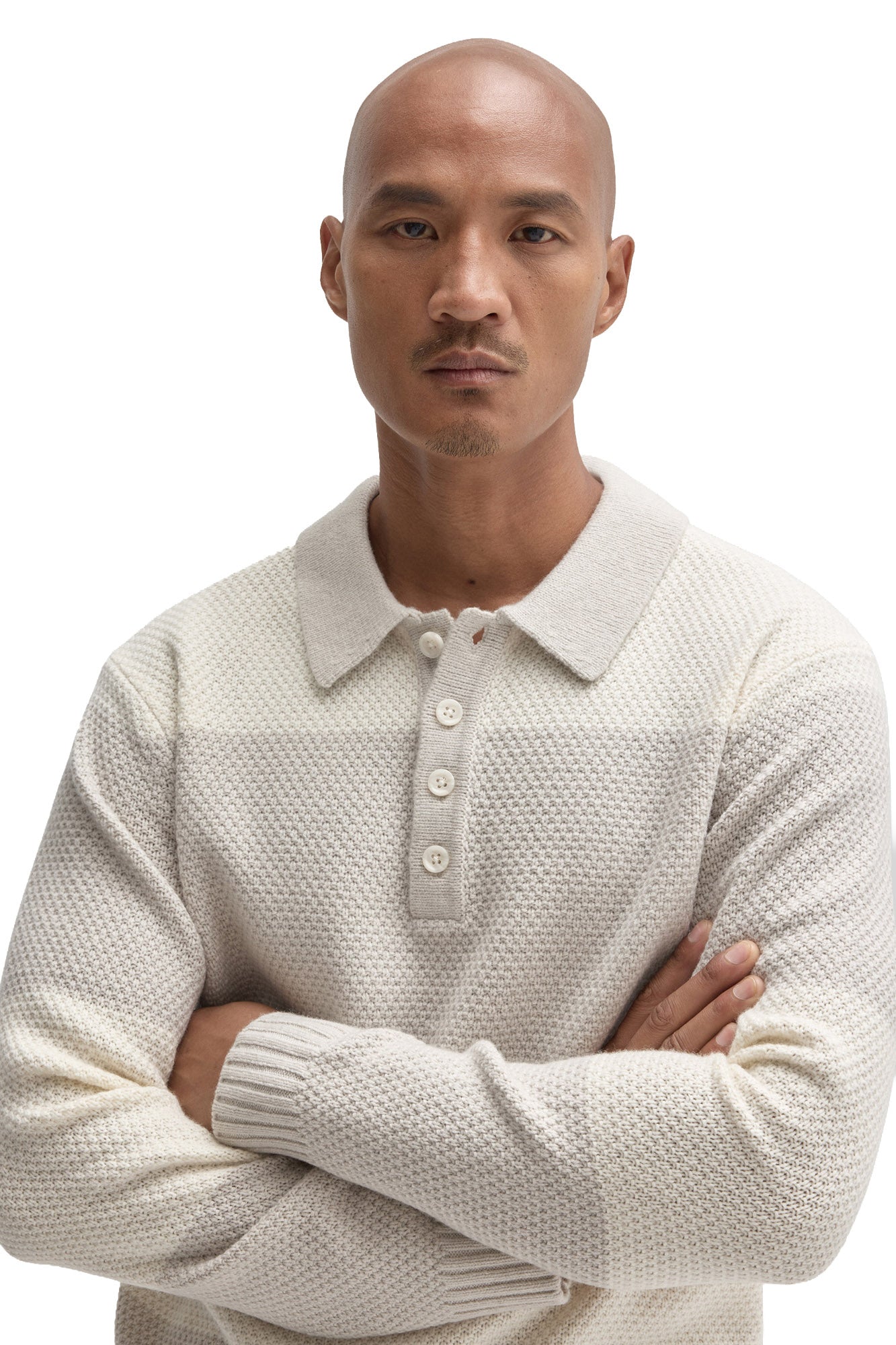 Robert Barakett men's close front detail of ivory textured knit long-sleeve polo with four-button placket and ribbed collar