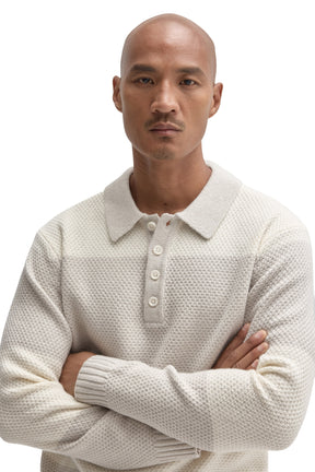 Robert Barakett men's close front detail of ivory textured knit long-sleeve polo with four-button placket and ribbed collar