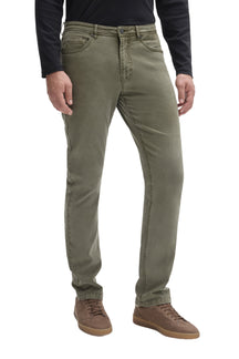 Robert Barakett men's olive green straight-leg five-pocket pants with button waistband and fly shown from the front