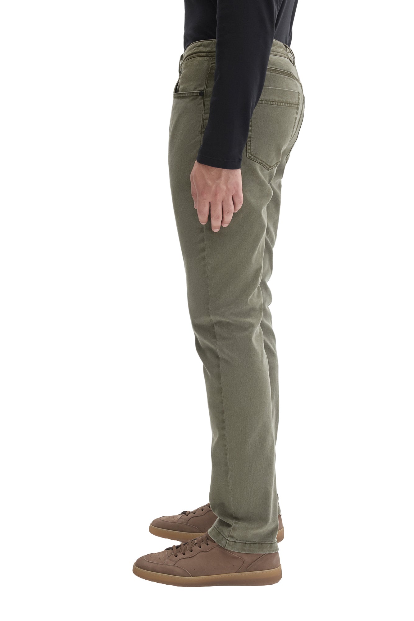 Robert Barakett men's olive green straight-leg pants showing stitched outer seam and the back pocket, side view