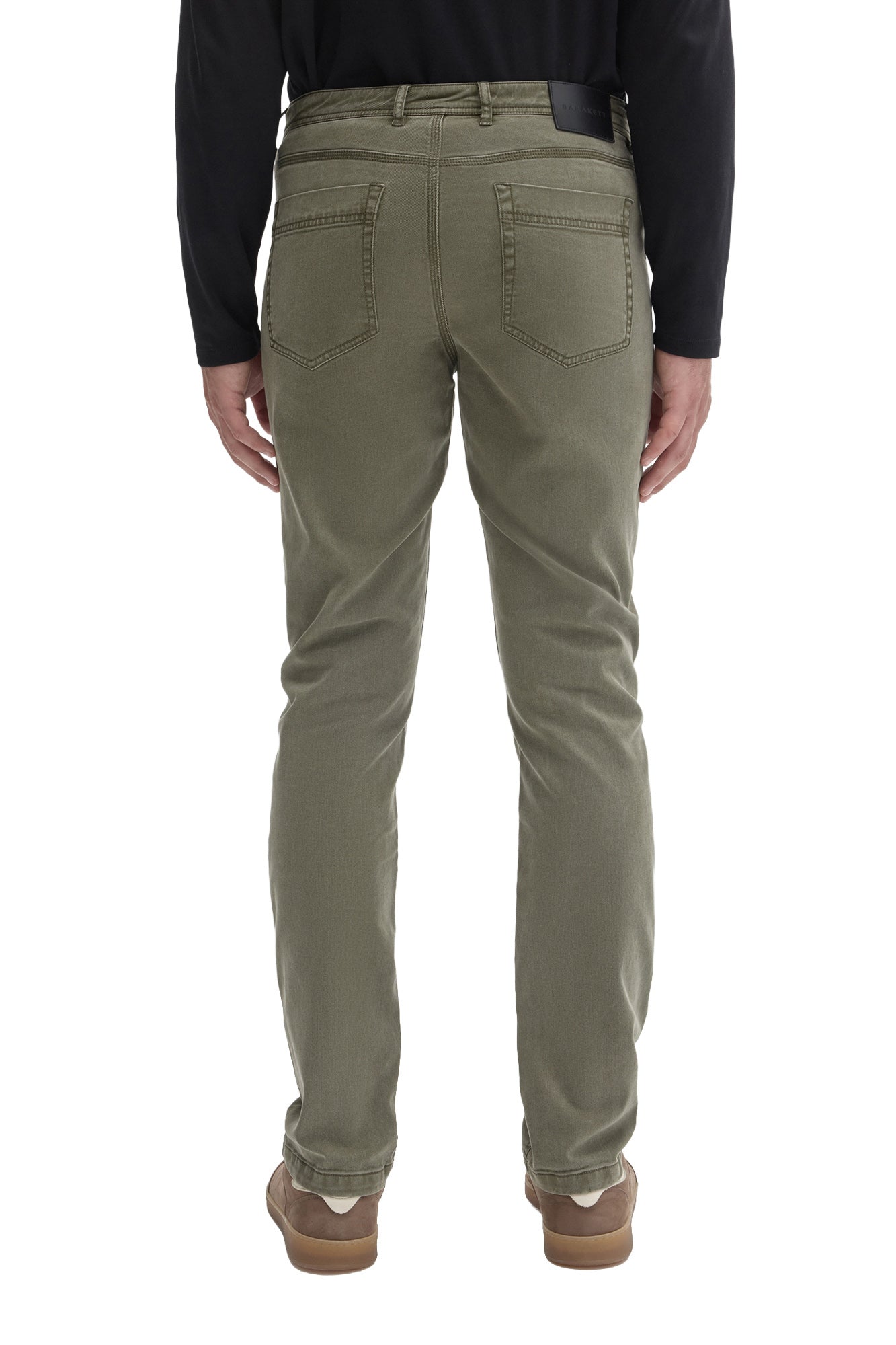 Robert Barakett men's olive green straight-leg pants with black waistband logo patch and patch pockets shown from the back