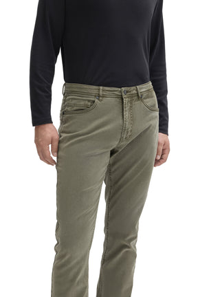 Robert Barakett men's close front detail of olive green straight-leg pants showing button, coin pocket and belt loops