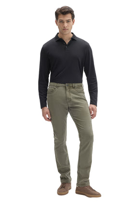 Robert Barakett men's olive green straight-leg pants with stitched hems and five-pocket styling, front model view