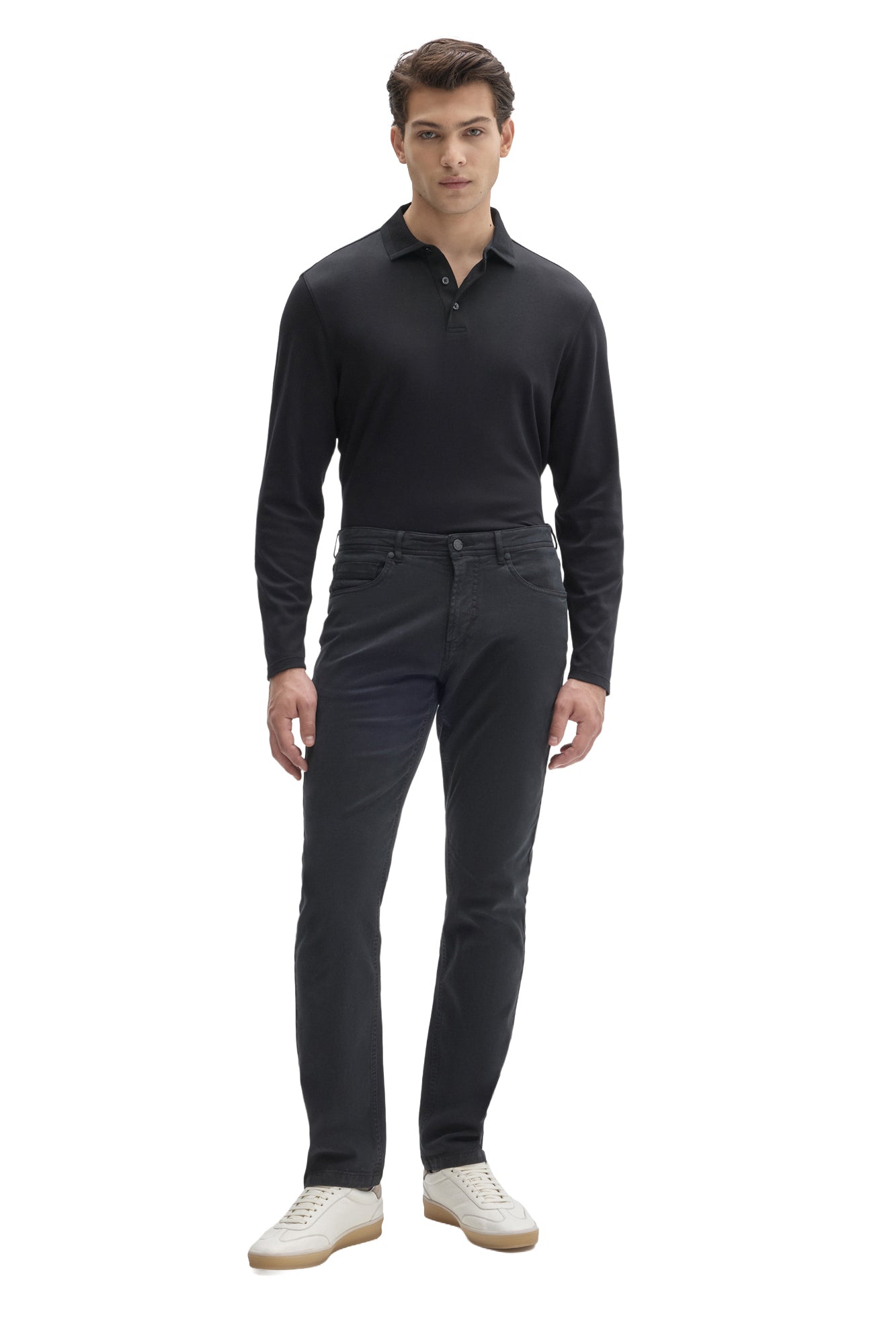 Men's full front model view of dark charcoal straight leg pants worn with a black polo by Robert Barakett