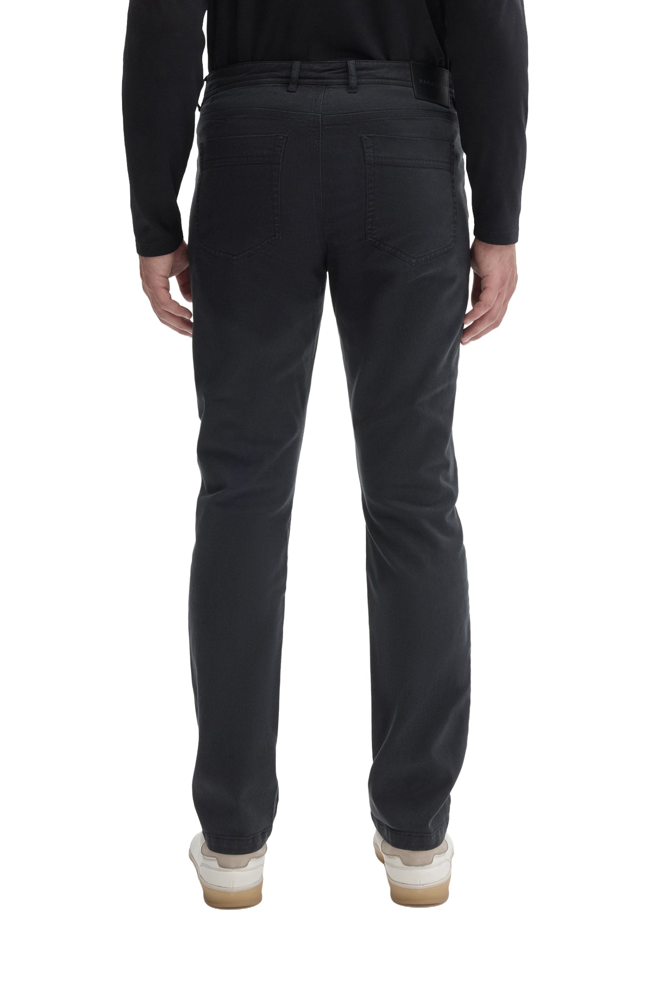 Robert Barakett men's dark charcoal five-pocket straight-leg pants with patch pockets shown from the back