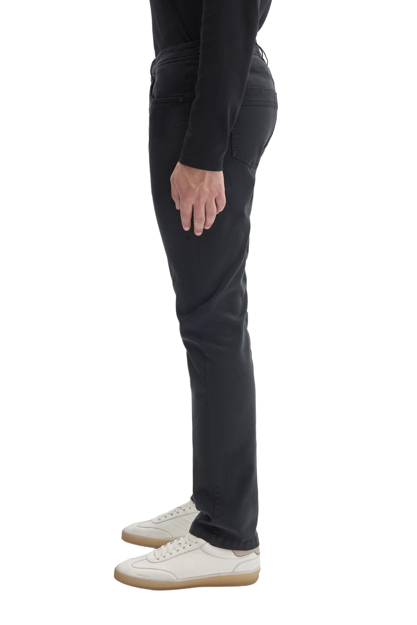 Robert Barakett men's dark charcoal straight leg pants with plain hem and five-pocket construction shown from the side