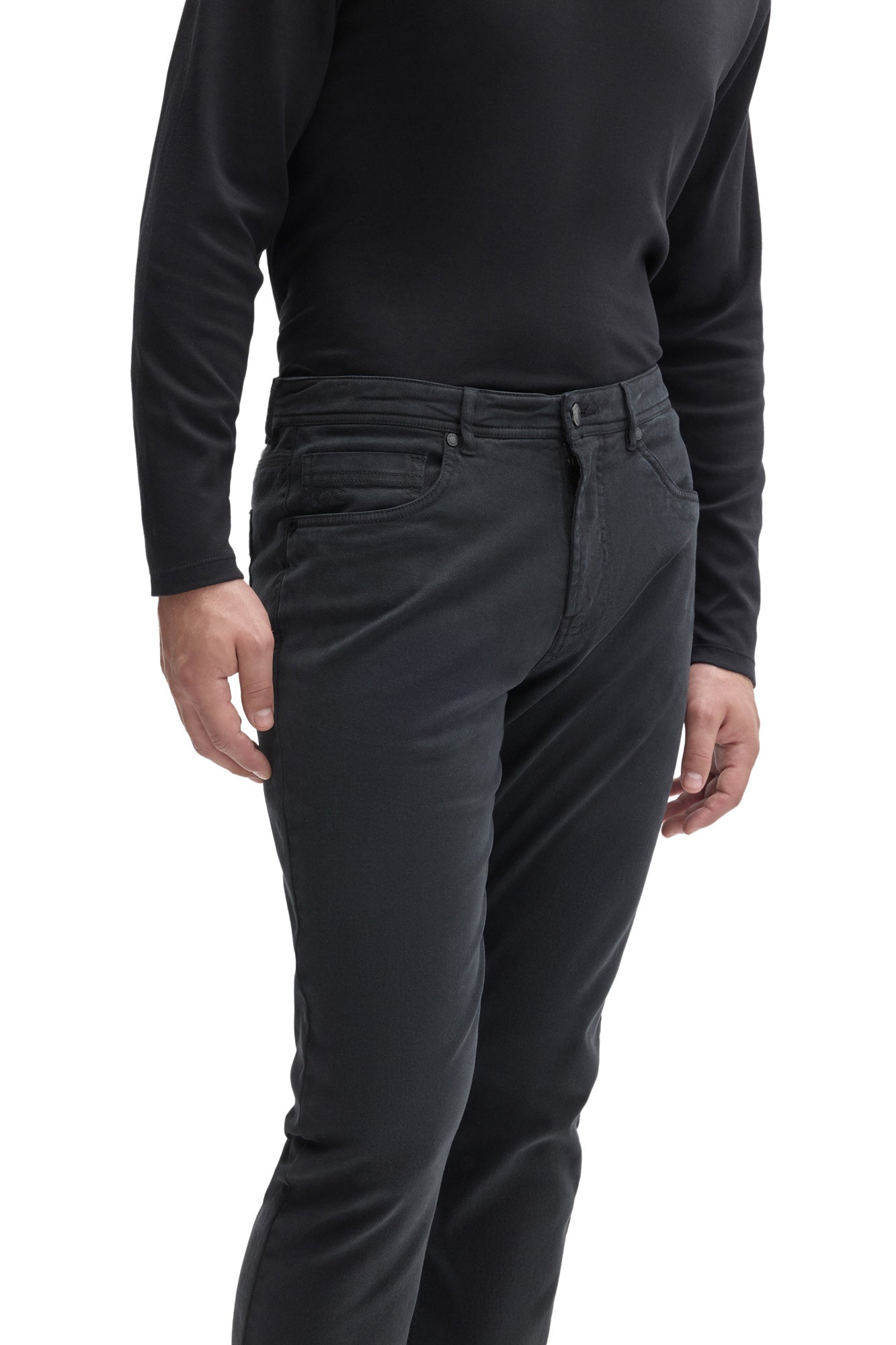 Robert Barakett men's angled close view of dark charcoal straight-leg pants showing button fly, coin pocket and front pocket