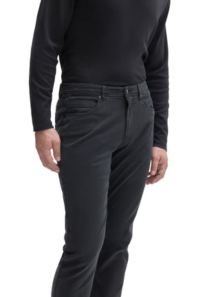 Robert Barakett men's angled close view of dark charcoal straight-leg pants showing button fly, coin pocket and front pocket