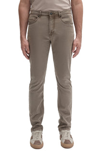 Front view of men's taupe gray slim straight straight-leg jeans with five-pocket styling by Robert Barakett