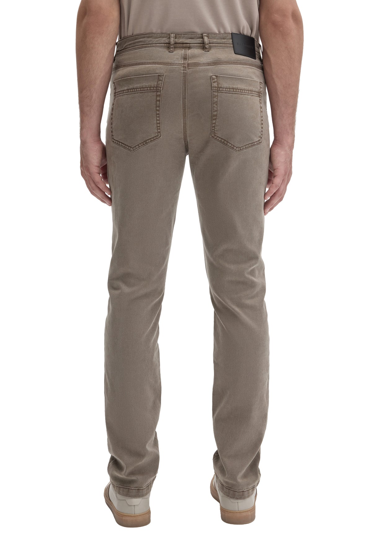 Robert Barakett men's taupe gray straight-leg jeans with black waistband patch, belt loops and two patch pockets, back view