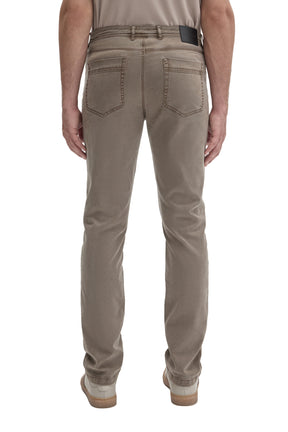 Robert Barakett men's taupe gray straight-leg jeans with black waistband patch, belt loops and two patch pockets, back view