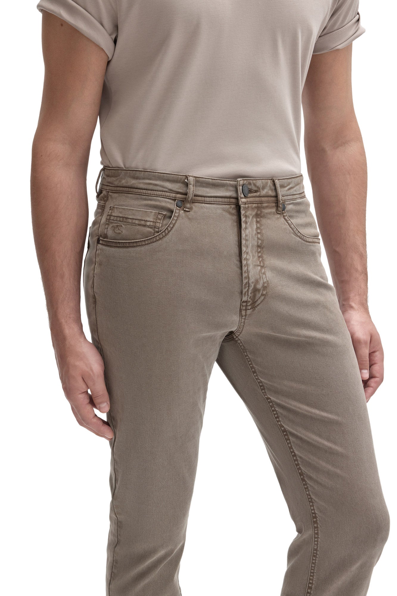 Robert Barakett men's close front detail of taupe gray straight-leg jeans with coin pocket and button fly area