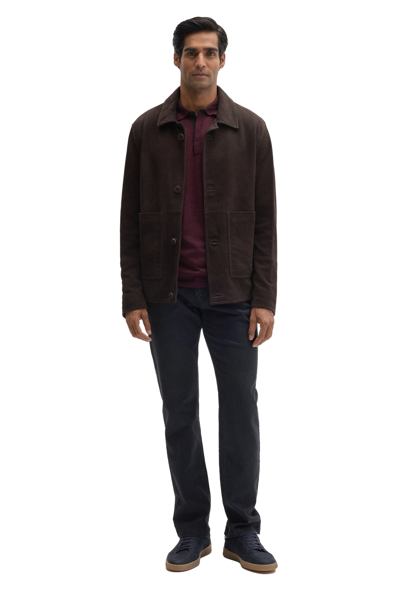Robert Barakett men's full-length front view of dark brown suede jacket with straight hem, patch pockets and buttons