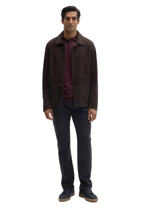 Robert Barakett men's full-length front view of dark brown suede jacket with straight hem, patch pockets and buttons