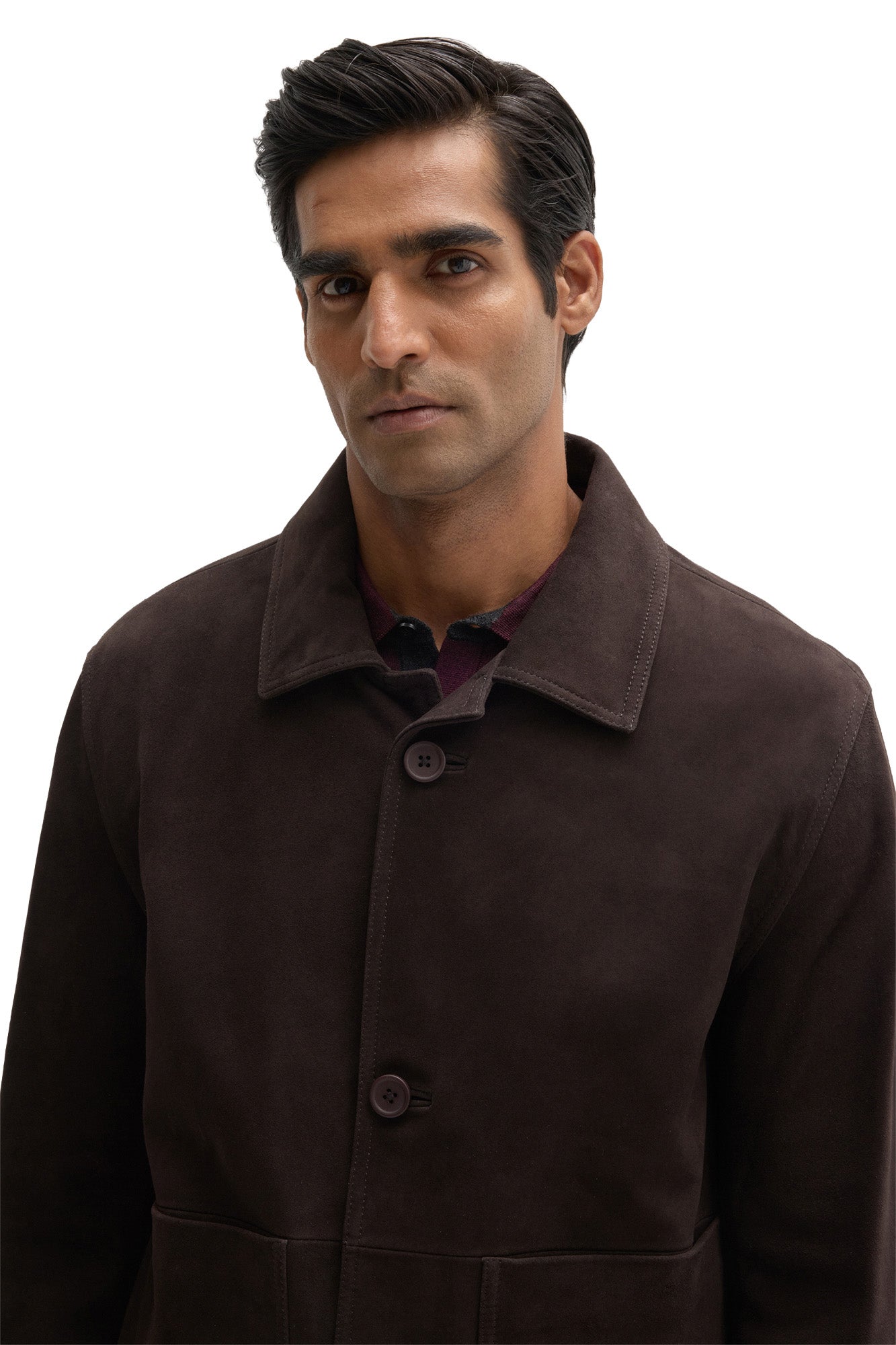Men's close front view of dark brown suede jacket with topstitching, button placket and point collar by Robert Barakett
