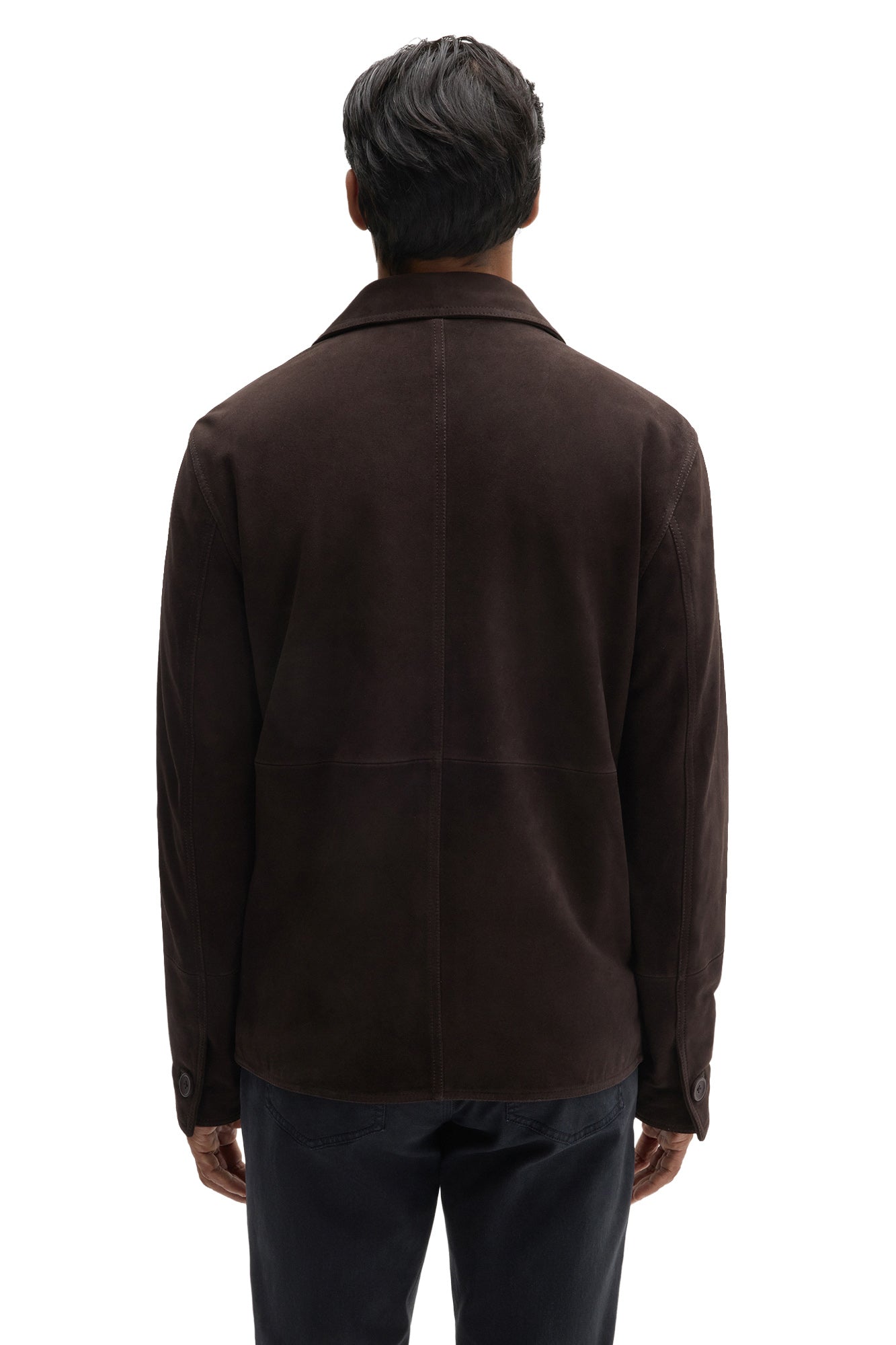 Robert Barakett men's dark brown suede jacket with button cuffs, center seam and point collar shown from the back