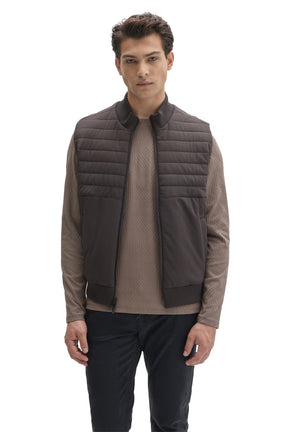 Robert Barakett men's dark taupe quilted zip vest with side pockets, hem and ribbed collar shown from the front