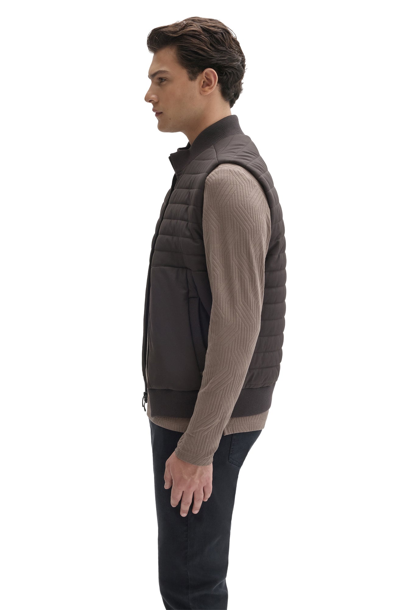 Robert Barakett men's dark taupe quilted vest showing ribbed hem, zipper and padded panels, side view