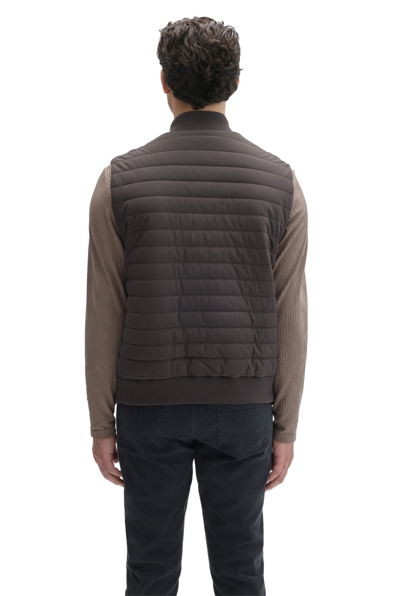 Robert Barakett men's dark taupe quilted vest with ribbed hem and horizontal padded panels shown from the back