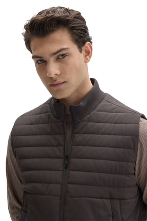 Robert Barakett men's close front view of dark taupe quilted vest with ribbed stand collar and zipper