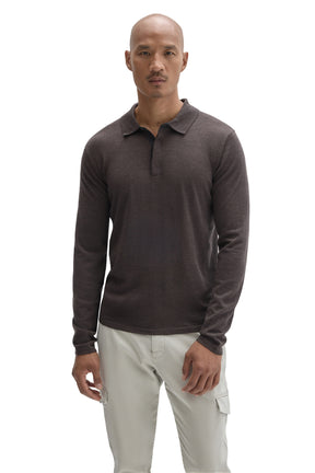 Robert Barakett men's dark brown long sleeve polo shirt with straight hem, partial placket and flat collar, front view