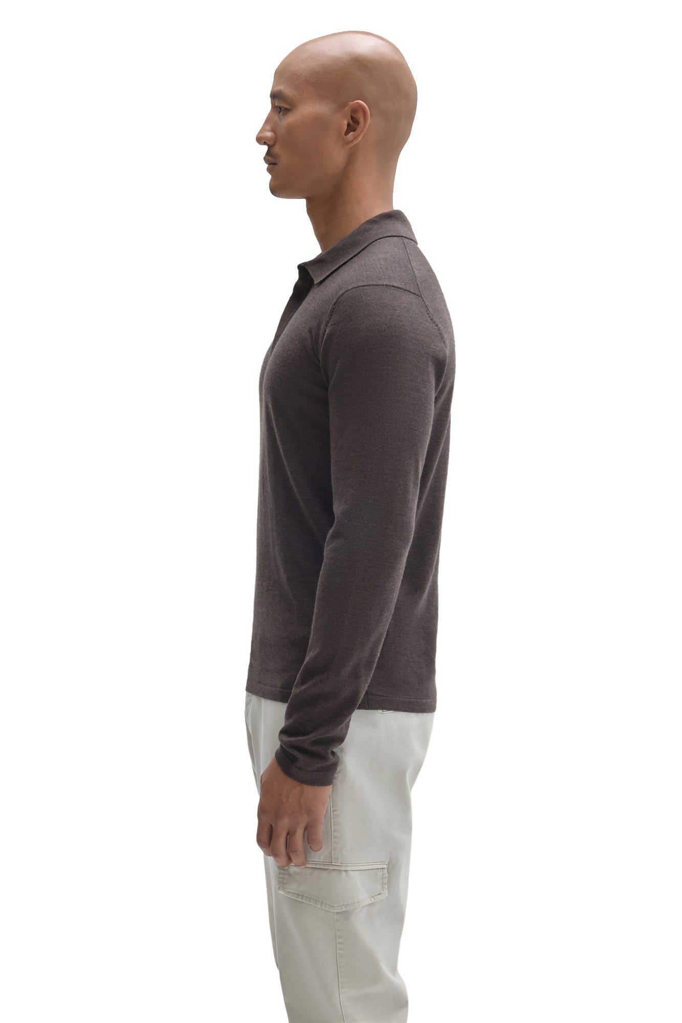 Robert Barakett men's dark brown long sleeve polo shirt showing straight hem, sleeve and the collar, side view