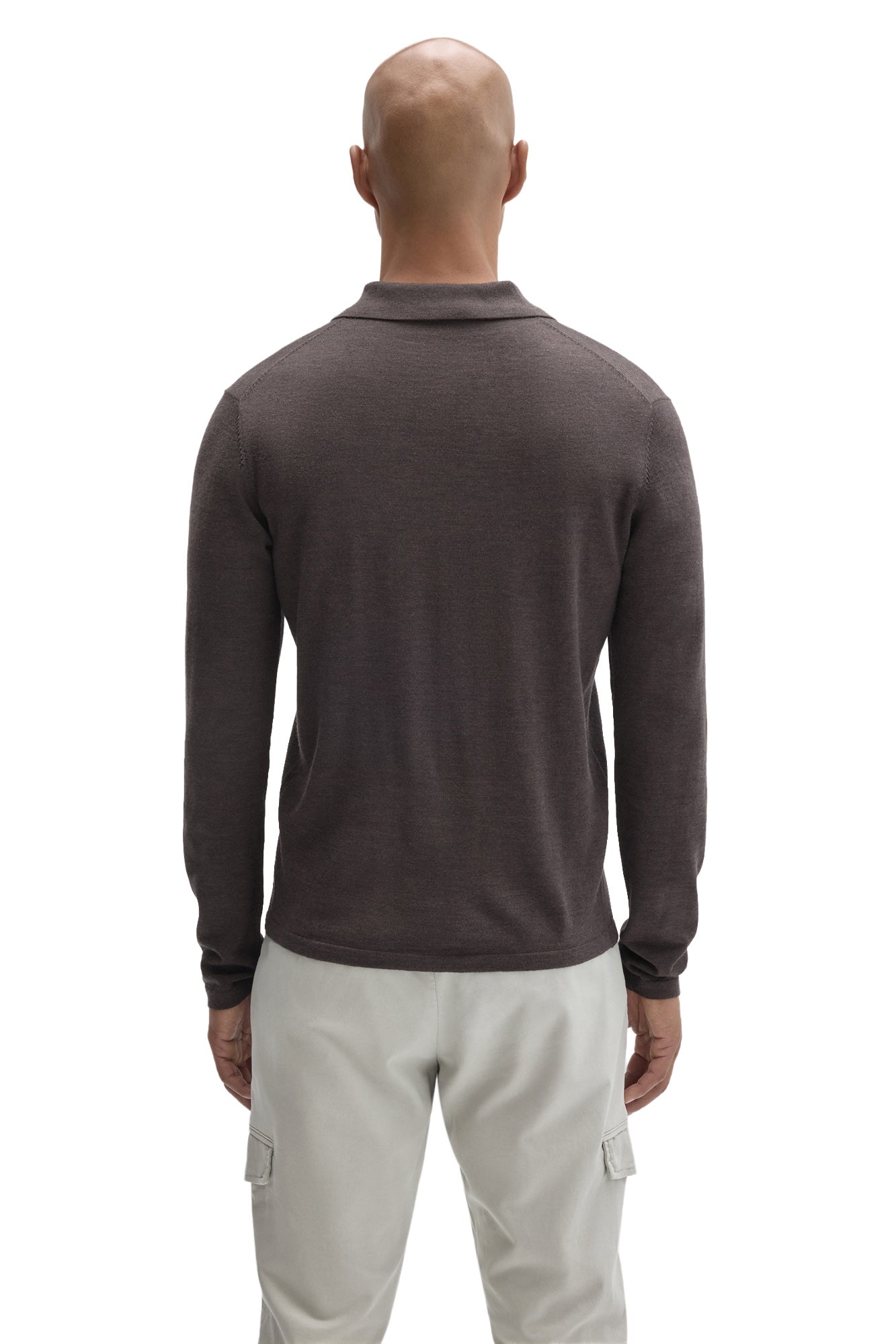 Robert Barakett men's dark brown long sleeve polo shirt with straight hem and flat collar shown from the back