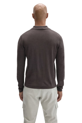 Robert Barakett men's dark brown long sleeve polo shirt with straight hem and flat collar shown from the back