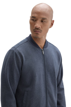 Robert Barakett men's blue zip jacket with subtle herringbone-like texture and ribbed baseball collar, close-up