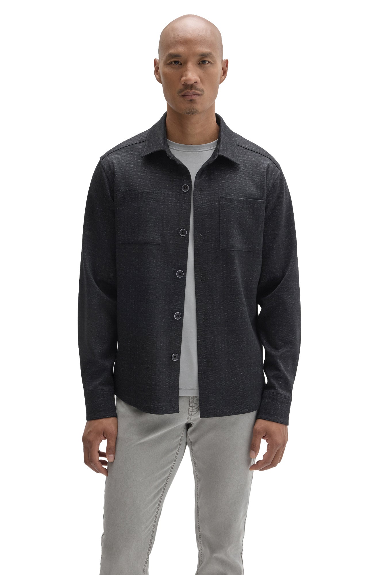 Robert Barakett men's charcoal textured overshirt with two chest pockets, buttons and point collar shown from the front