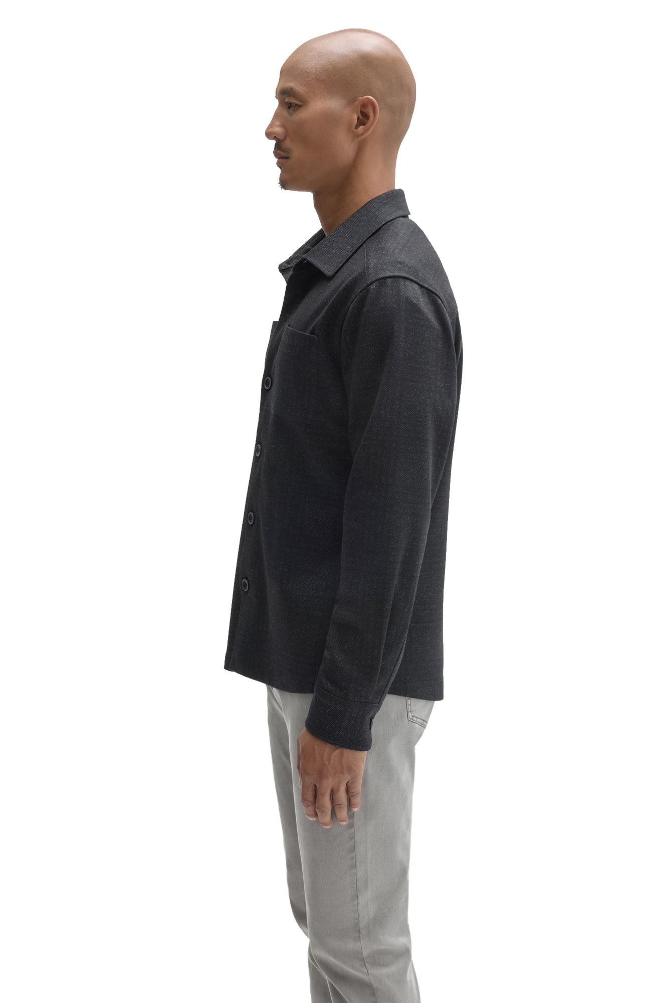 Robert Barakett men's charcoal textured overshirt with button front, long sleeves and point collar shown from the side