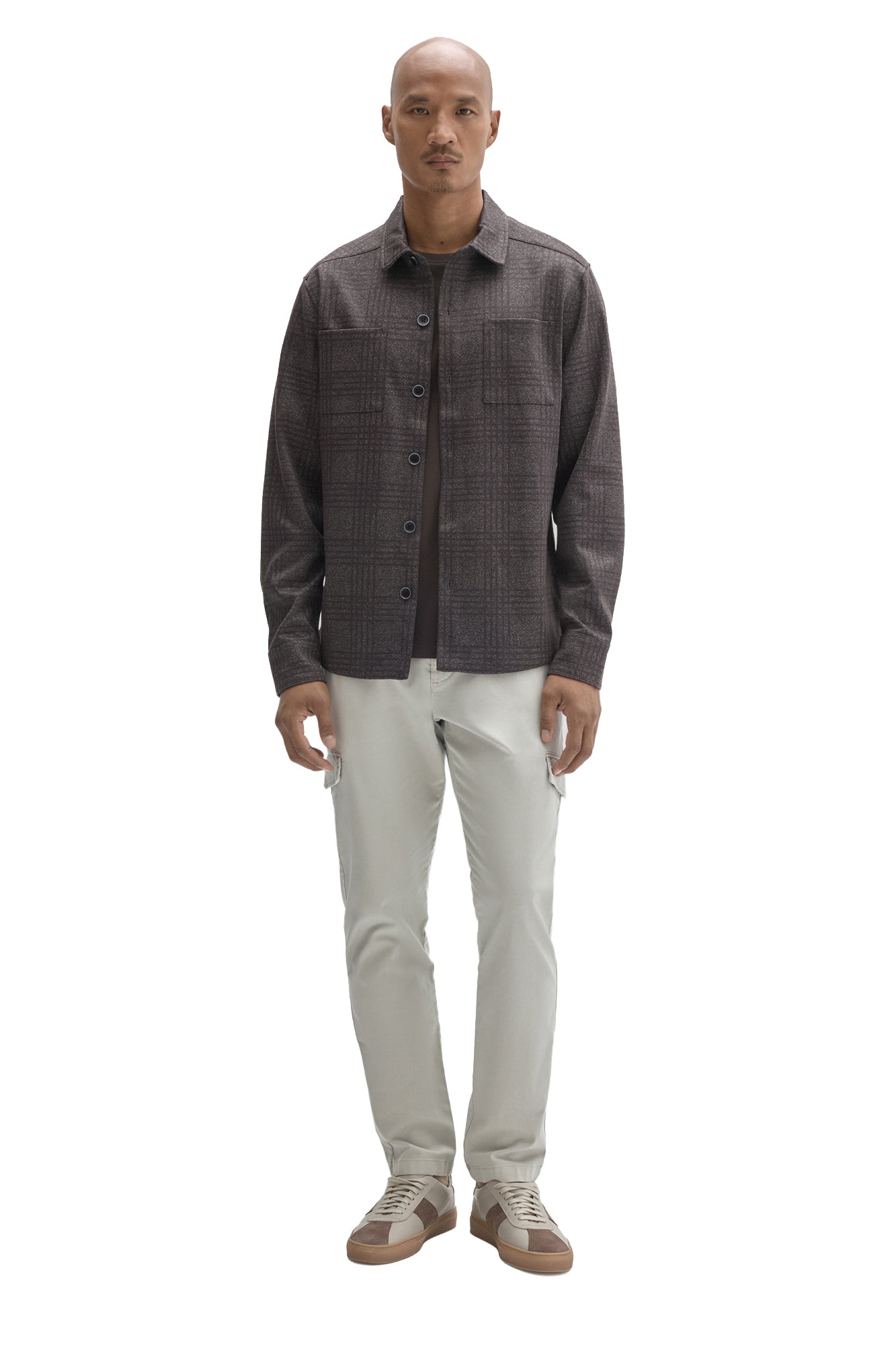 Robert Barakett men's charcoal tonal plaid overshirt worn open with chest patch pockets shown from the front