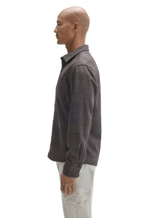 Robert Barakett men's charcoal plaid overshirt showing button cuff, long sleeve and straight silhouette, side view