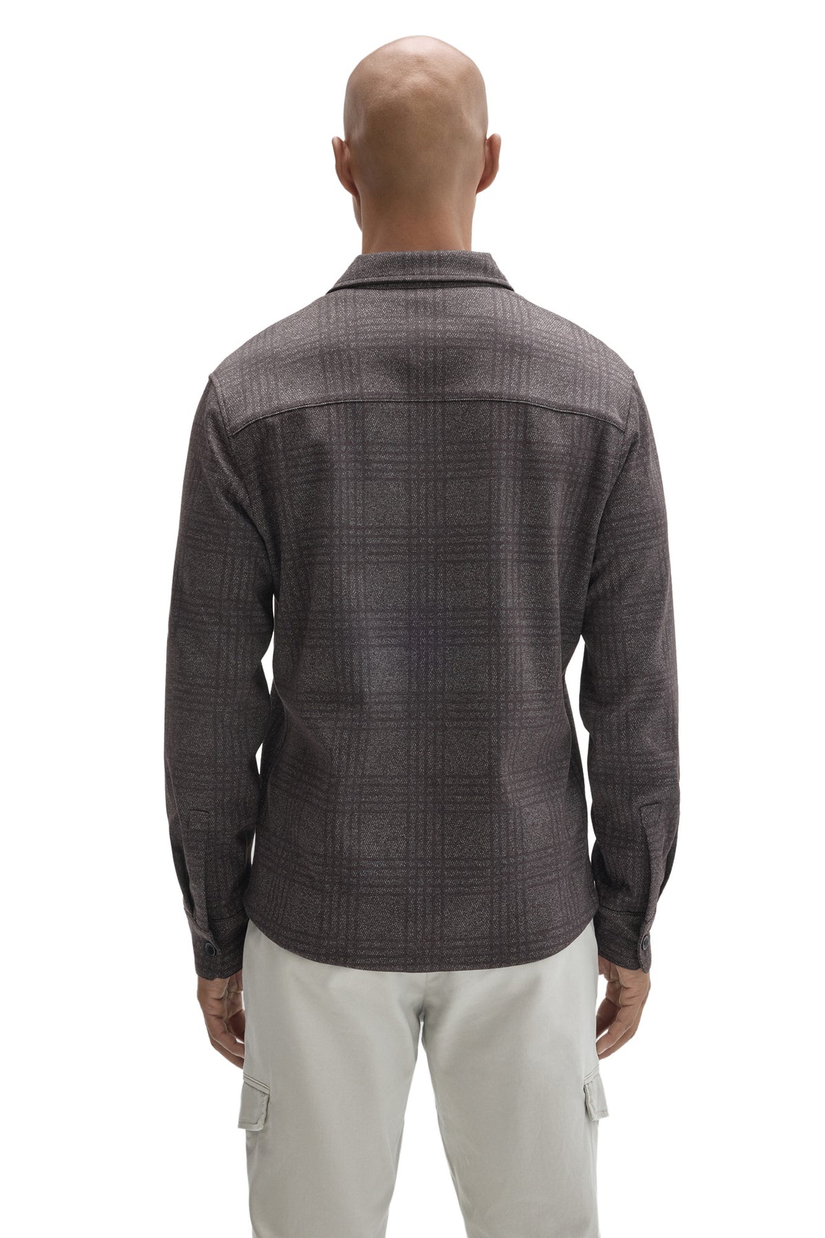 Robert Barakett men's charcoal tonal plaid overshirt showing button cuffs, back yoke seam and point collar, back view
