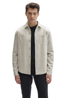 Robert Barakett men's cream tonal plaid overshirt worn open with two chest patch pockets and button placket, front view