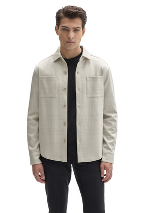 Robert Barakett men's cream tonal plaid overshirt worn open with two chest patch pockets and button placket, front view