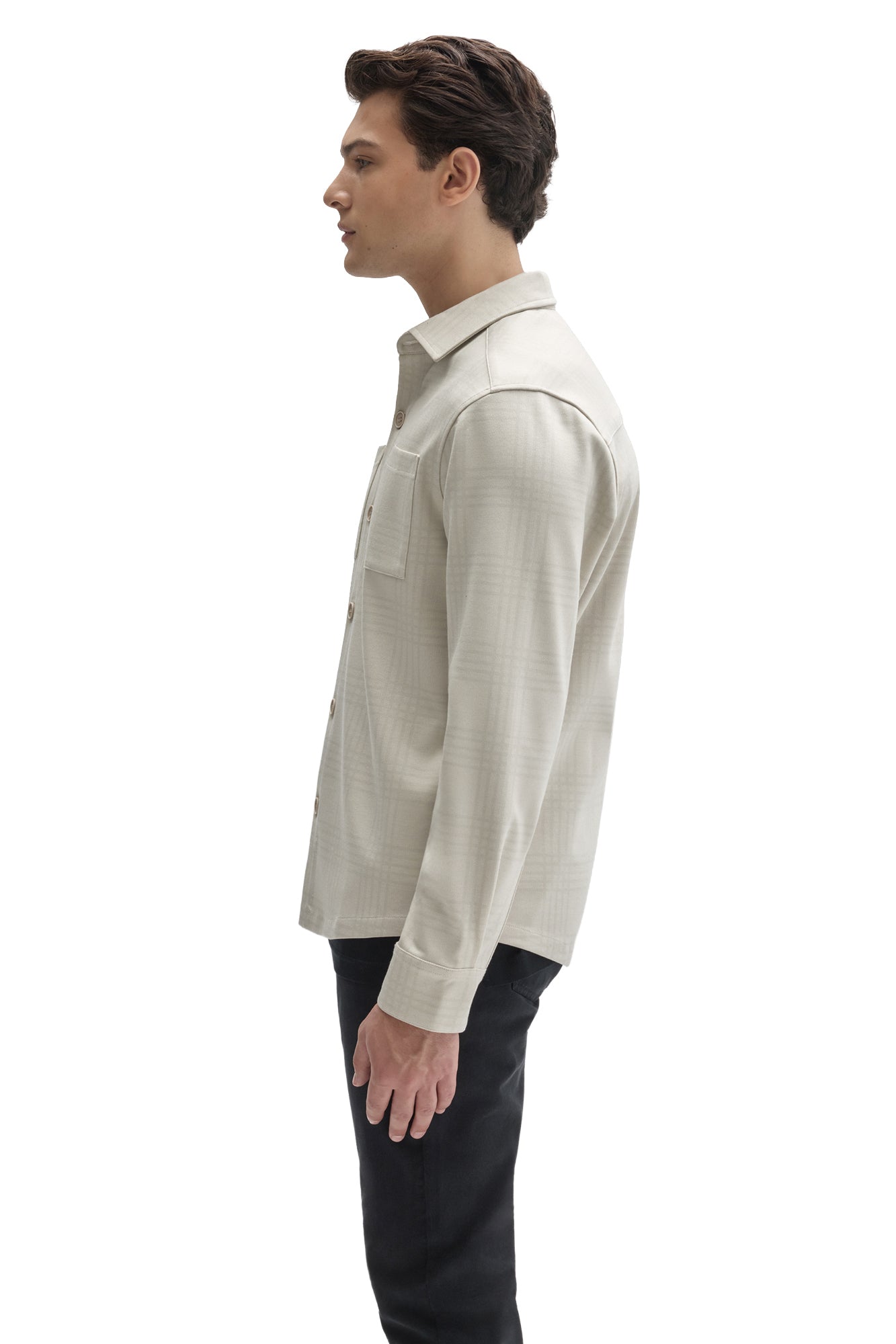 Robert Barakett men's cream tonal plaid overshirt showing long sleeve, chest pocket and point collar, side view