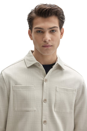 Robert Barakett men's front close-up of cream tonal plaid overshirt with chest patch pockets, buttons and point collar