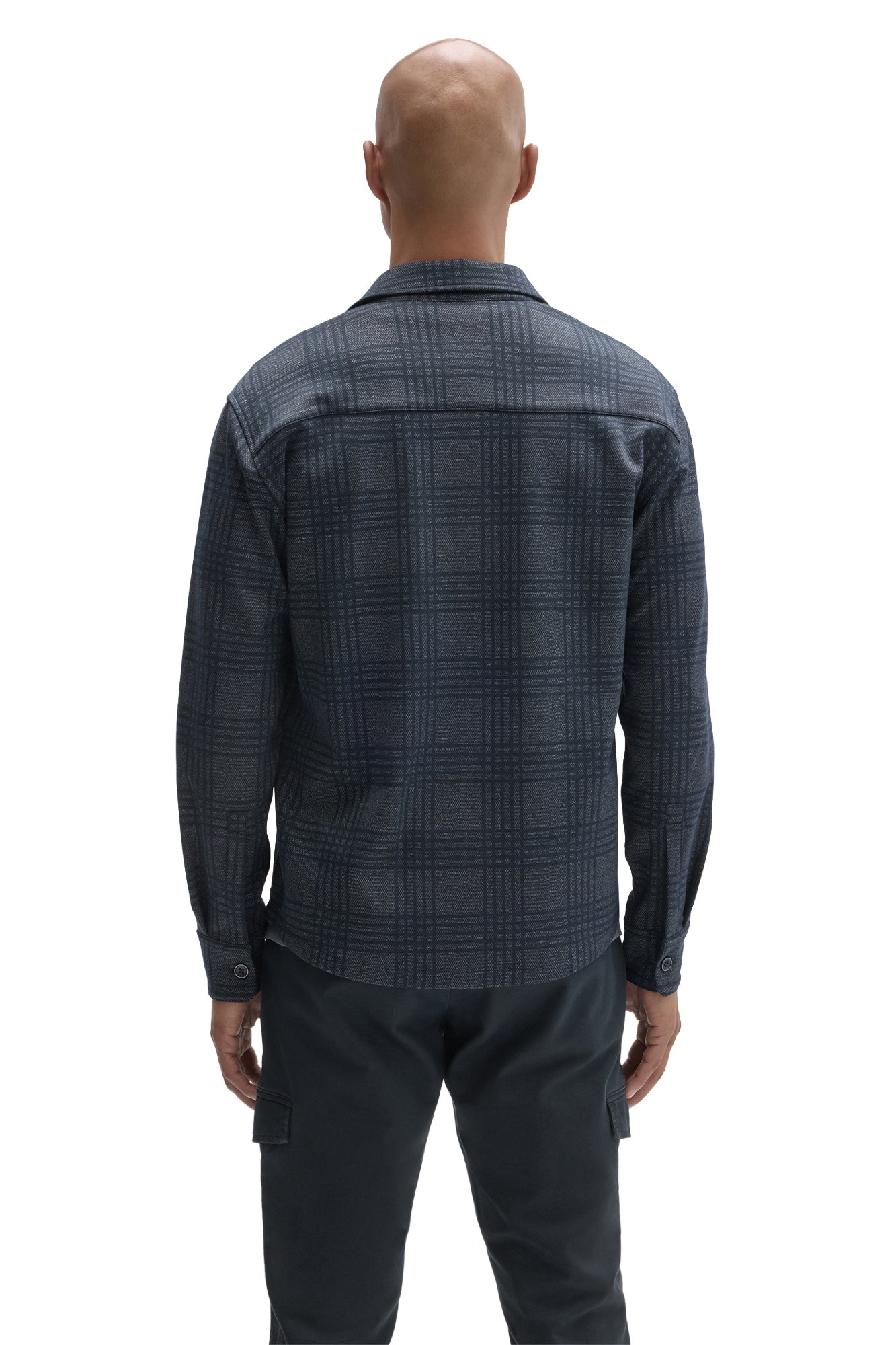 Robert Barakett men's dark blue plaid overshirt with button cuffs and rear yoke seam shown from the back