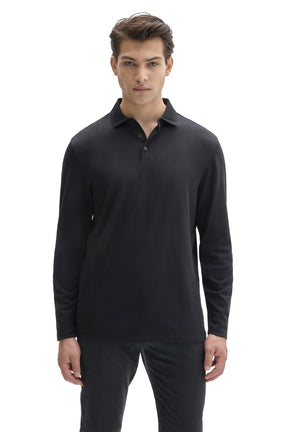 Robert Barakett men's black long sleeve polo with short button placket and ribbed collar, front view