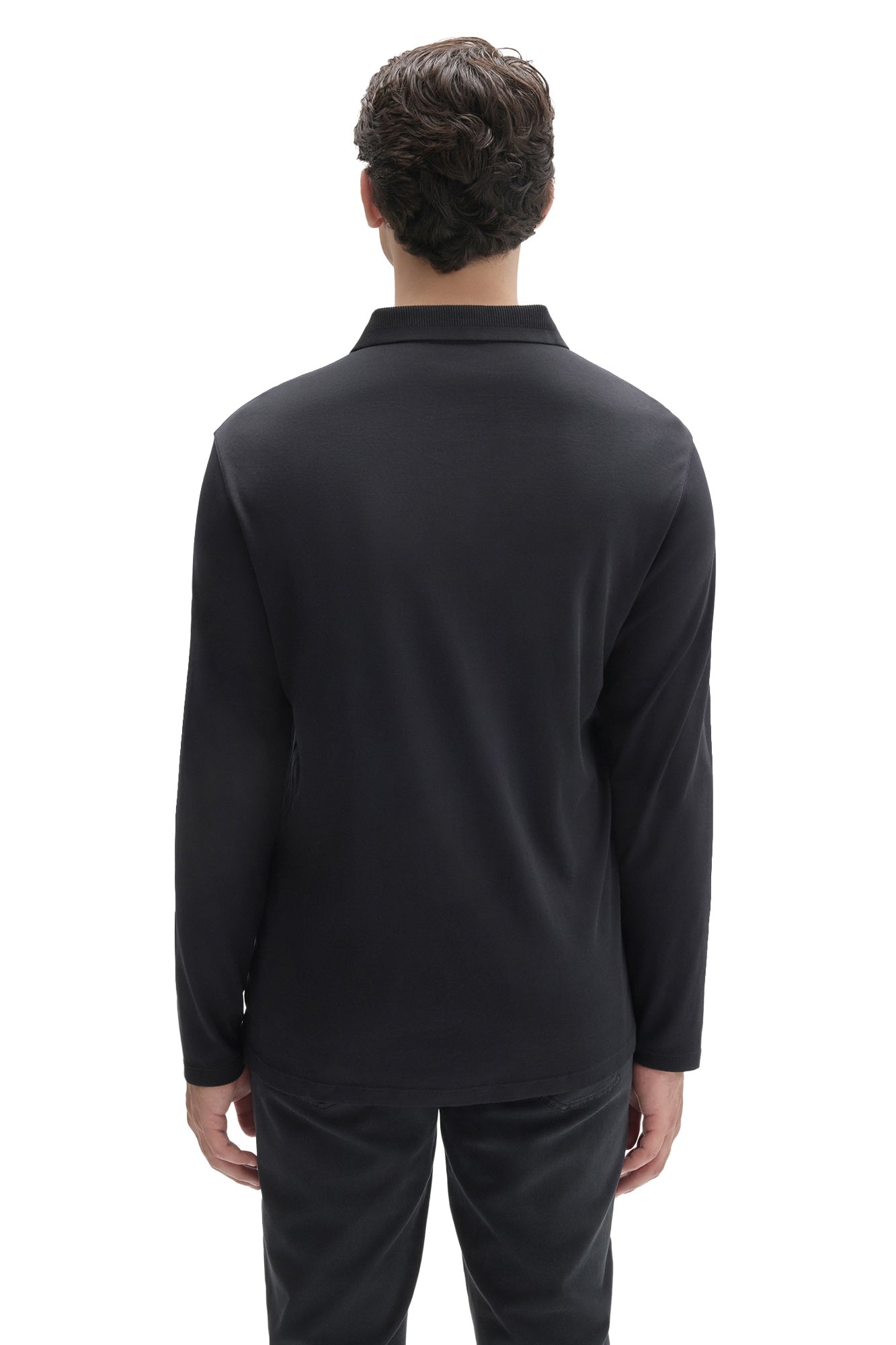 Robert Barakett men's black long sleeve polo with straight hem and ribbed collar shown from the back