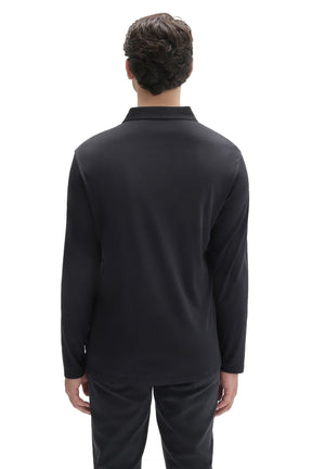 Robert Barakett men's black long sleeve polo with straight hem and ribbed collar shown from the back
