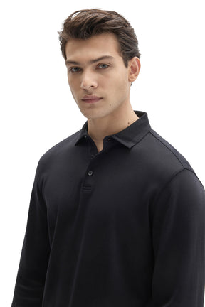 Robert Barakett men's black long sleeve polo with short button placket and ribbed collar, close view