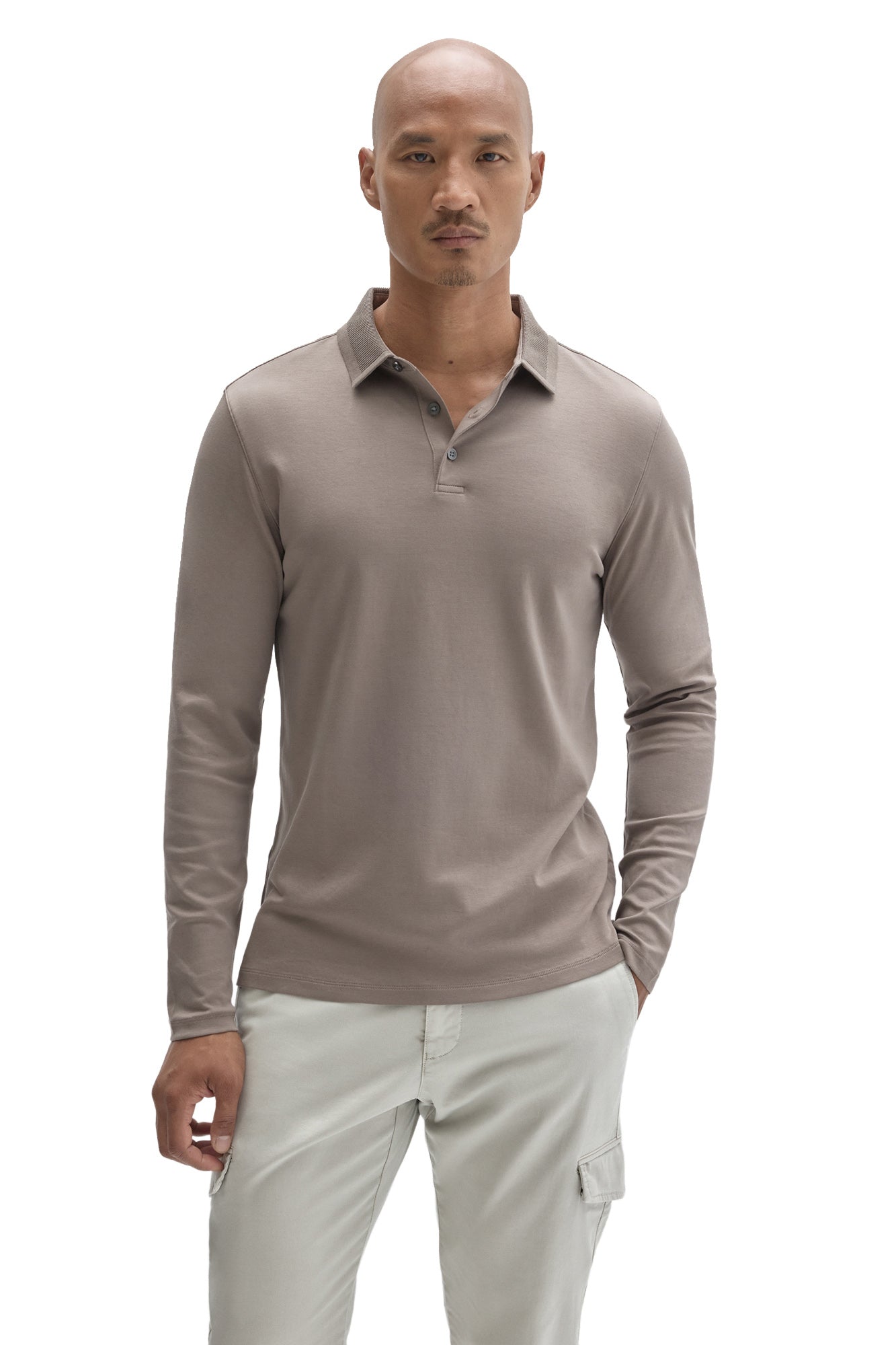 Robert Barakett men's taupe long sleeve polo with three-button placket and ribbed collar shown from the front